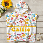 Personalised Cartoon Watermelon Ice Cream Summer Elements Quick Dry Hooded Beach Towel with Name Outdoor Activities Beach Party Birthday Gift for Kids