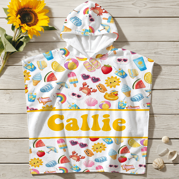 Personalised Cartoon Watermelon Ice Cream Summer Elements Quick Dry Hooded Beach Towel with Name Outdoor Activities Beach Party Birthday Gift for Kids