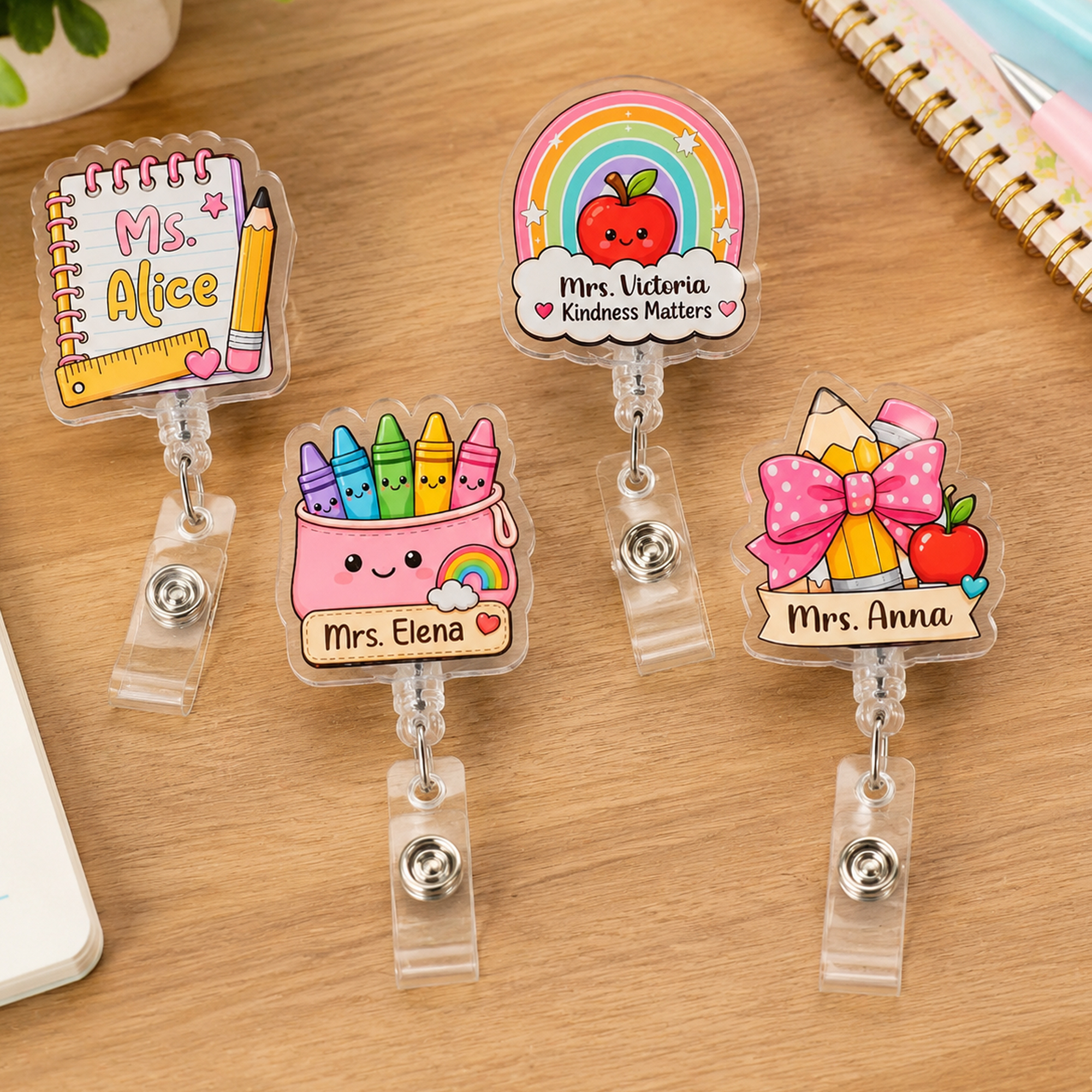 Personalisiertes Apple Pencil-Buntstift-Notizbuch – Acryl-Badge-Reel mit einziehbarer Leine und Text – Dankeschön zum Lehrertag – Geburtstagsgeschenk für Lehrer