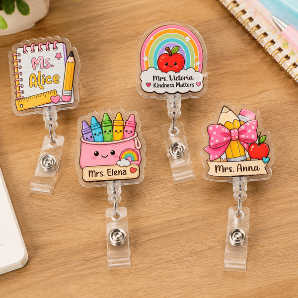 Personalised Apple Pencil Crayon Notebook Acrylic Retractable Badge Reel with Text Teacher's Day Appreciation Birthday Gift for Teacher
