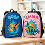 Zaino personalizzato con dinosauro in stile cartone animato e effetto schizzo ad acquerello, con nome: regalo per il rientro a scuola o per il compleanno, per bambini e studenti
