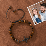 Personalised Micro-Carved Photo Projection Beaded Bracelet with Cross Pendant Anniversary Birthday Gift Father Boy Man