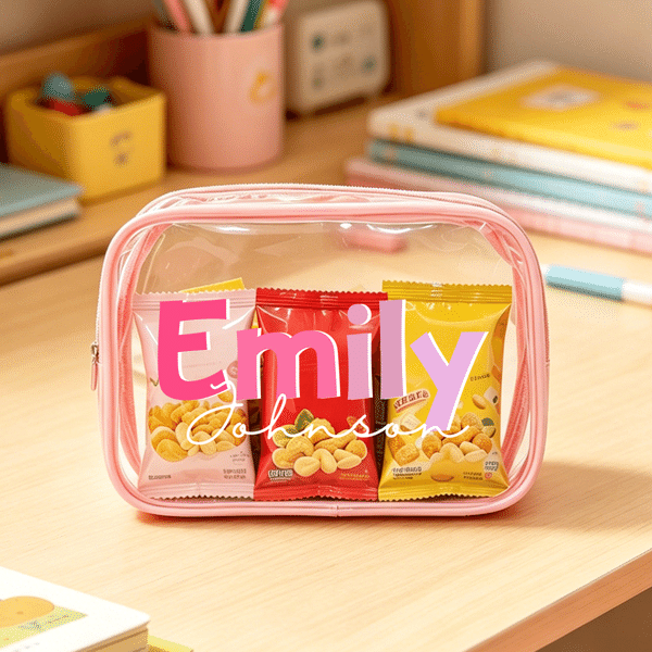 Personalised Colourful Name Design Waterproof Clear Snack Bag with Surname Daily Use Birthday Gift for Kids