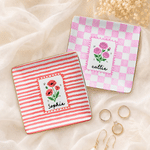 Personalised Cute Birth Flower Stripes Checkerboard Ceramic Trinket Jewellery Dish with Name Birthday Gift for Best Friend Woman