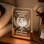 Veilleuse LED en acrylique personnalisée avec photo de votre animal, ailes d'ange, nom et socle en bois — Cadeau de condoléances en mémoire d'un animal de compagnie, destiné aux propriétaires d'animau