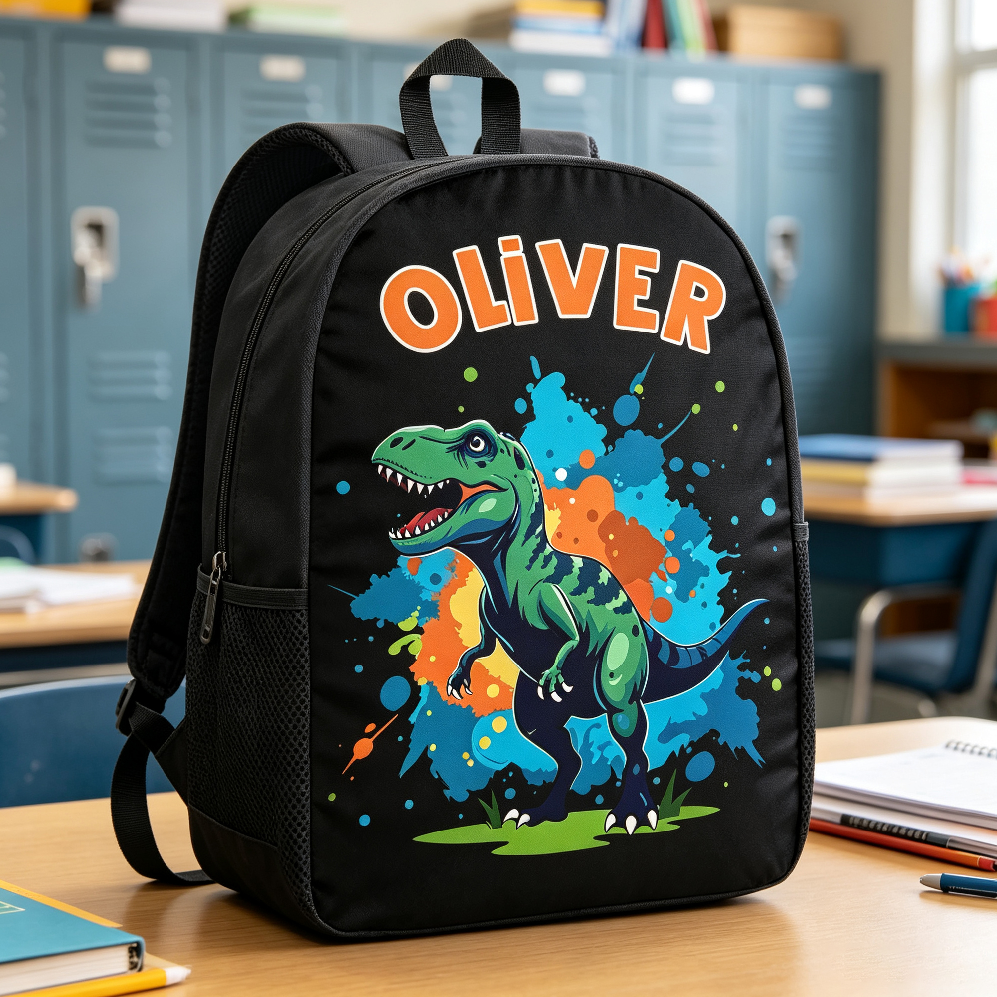 Individuell gestalteter Rucksack im Cartoon-Dinosaurier-Stil mit Wasserfarben-Spritz-Motiv und Namensaufdruck – Schulanfangs- und Geburtstagsgeschenk für Kinder und Schüler