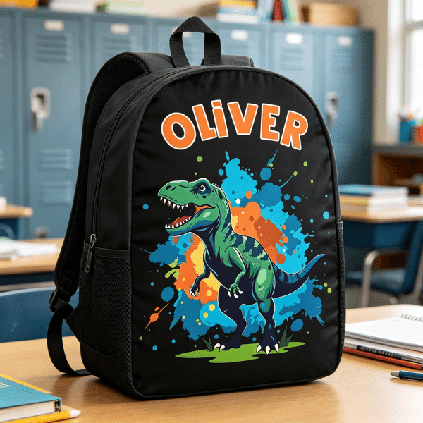 Sac à dos personnalisé avec motif de dinosaure de dessin animé dans un style « éclaboussures d'aquarelle », avec prénom – Cadeau de rentrée scolaire ou d'anniversaire pour les enfants et les élèves