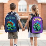Zaino personalizzato con dinosauro in stile cartone animato e effetto schizzo ad acquerello, con nome: regalo per il rientro a scuola o per il compleanno, per bambini e studenti