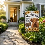 Personalized Welcome-Ish My Place Highland Cow Sunflower Garden Flag Outdoor Yard Decor Housewarming Gift for Highland Cow Lovers