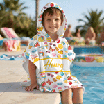 Personalised Cartoon Watermelon Ice Cream Summer Elements Quick Dry Hooded Beach Towel with Name Outdoor Activities Beach Party Birthday Gift for Kids