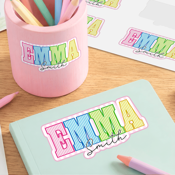 Personalized Multicolour Cartoon Striped Letter Stickers with Name and Surname Daily Use Back to School Birthday Gift for Teachers Kids