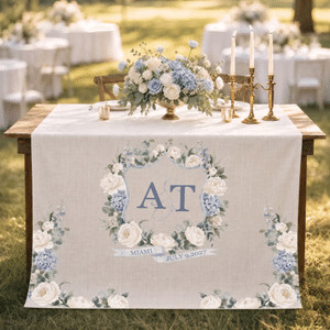 Personalized Floral Crest Wedding Table Runner with Place and Time Home Decor Wedding Reception Gift for Engagement Couples