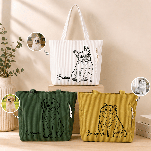 Personalised Line Drawing Pet Photo Large Capacity Corduroy Tote Bag with Name Daily Use Pet Party Birthday Gift for Pet Lovers Owners