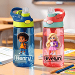 Personalized Cartoon Kid Character 16 oz Water Bottle with Name Silicone Straw and Carry Handle Back to school Birthday Gift for Boys Girls