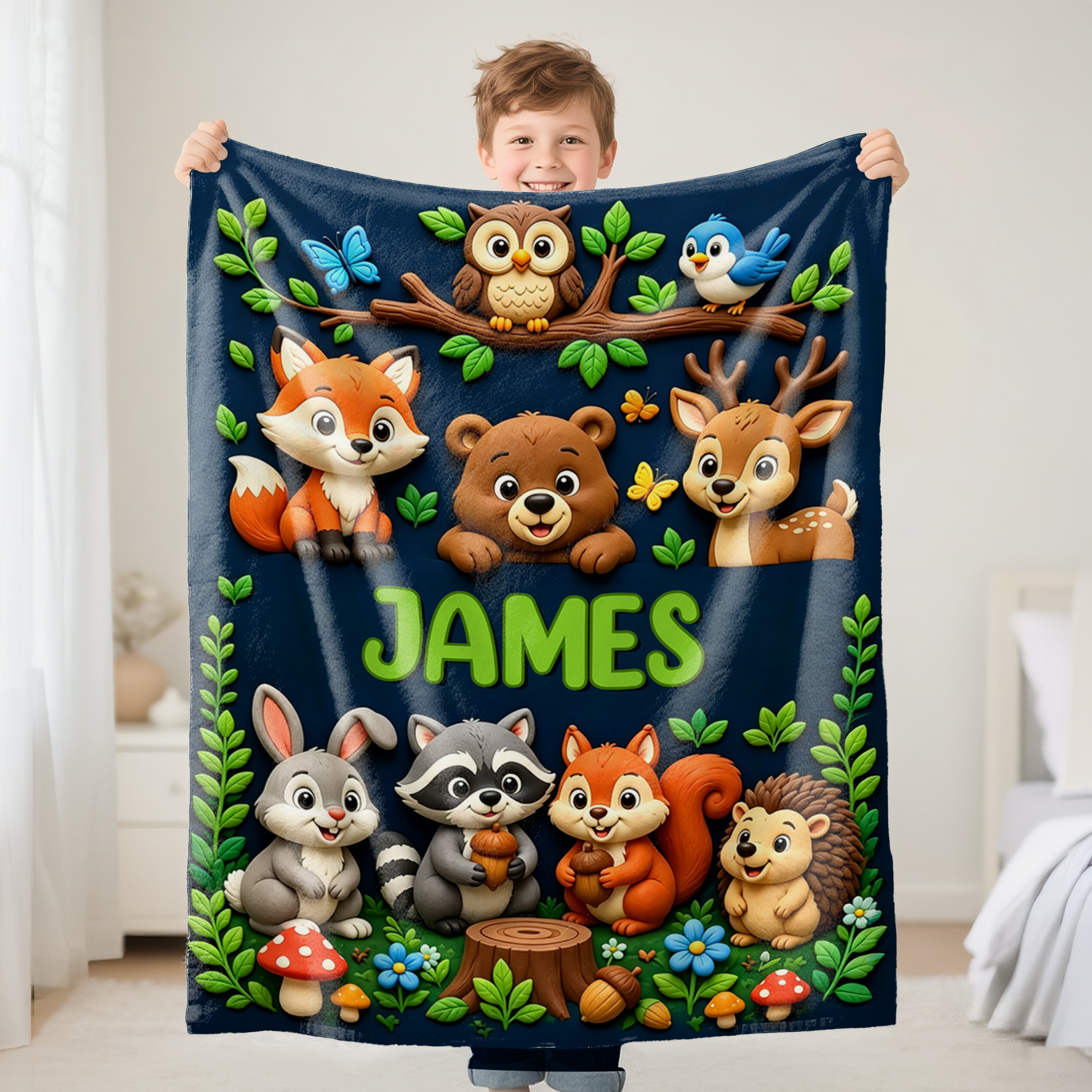 Personalisierte Kuscheldecke mit Waldtier-Cartoonmotiv | mit Namen | 3D-Effekt-Druck | Raumdeko | Geburtstags- und Weihnachtsgeschenk für Kinder