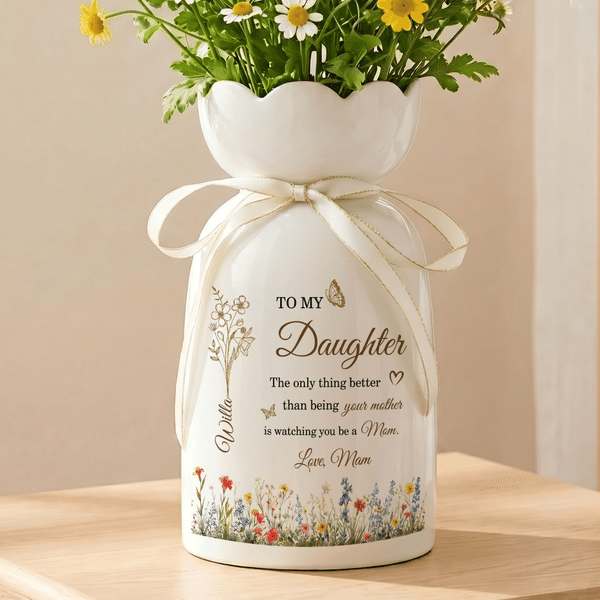 Personalised To My Daughter Birth Flower Ceramic Vase with Name Text Title Home Decor Birthday Gift for Daughter Family