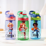 Personalized Cartoon Kid Character 16 oz Water Bottle with Name Silicone Straw and Carry Handle Back to school Birthday Gift for Boys Girls