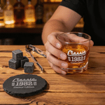 Personalized American Classic Style Whisky Glass 4 Stones Wooden Box Set with Engraved Year Birthday Anniversary Gift for Men