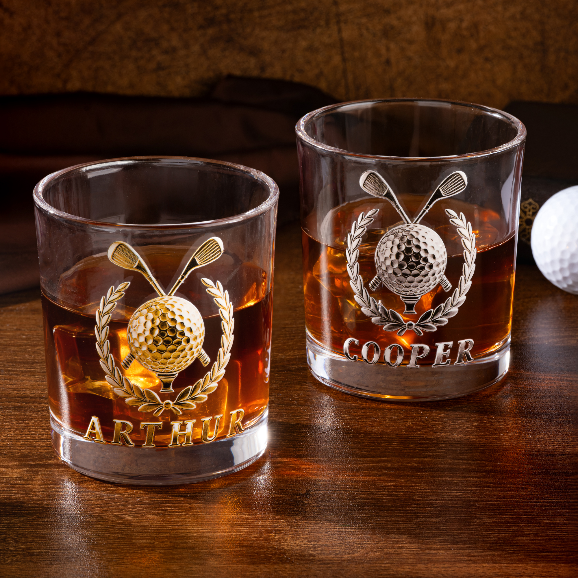 Personalisierte 2D Metallic Style Print Golf Thema Whiskey Glas mit Namen Golf Club Geburtstag Vatertag Geschenk für Golfliebhaber