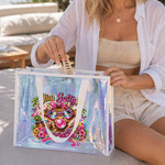Personalised Highland Cow Holographic Clear Tote Bag with Name Beach Trip Party Travel Birthday Gift for Women