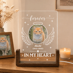 Veilleuse LED en acrylique personnalisée avec photo de votre animal, ailes d'ange, nom et socle en bois — Cadeau de condoléances en mémoire d'un animal de compagnie, destiné aux propriétaires d'animau