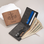 Personalized Jesus Saved My Life Cross PU Leather Men's Wallet with Name Daily Use Baptism Confirmation Gift for Husband Dad