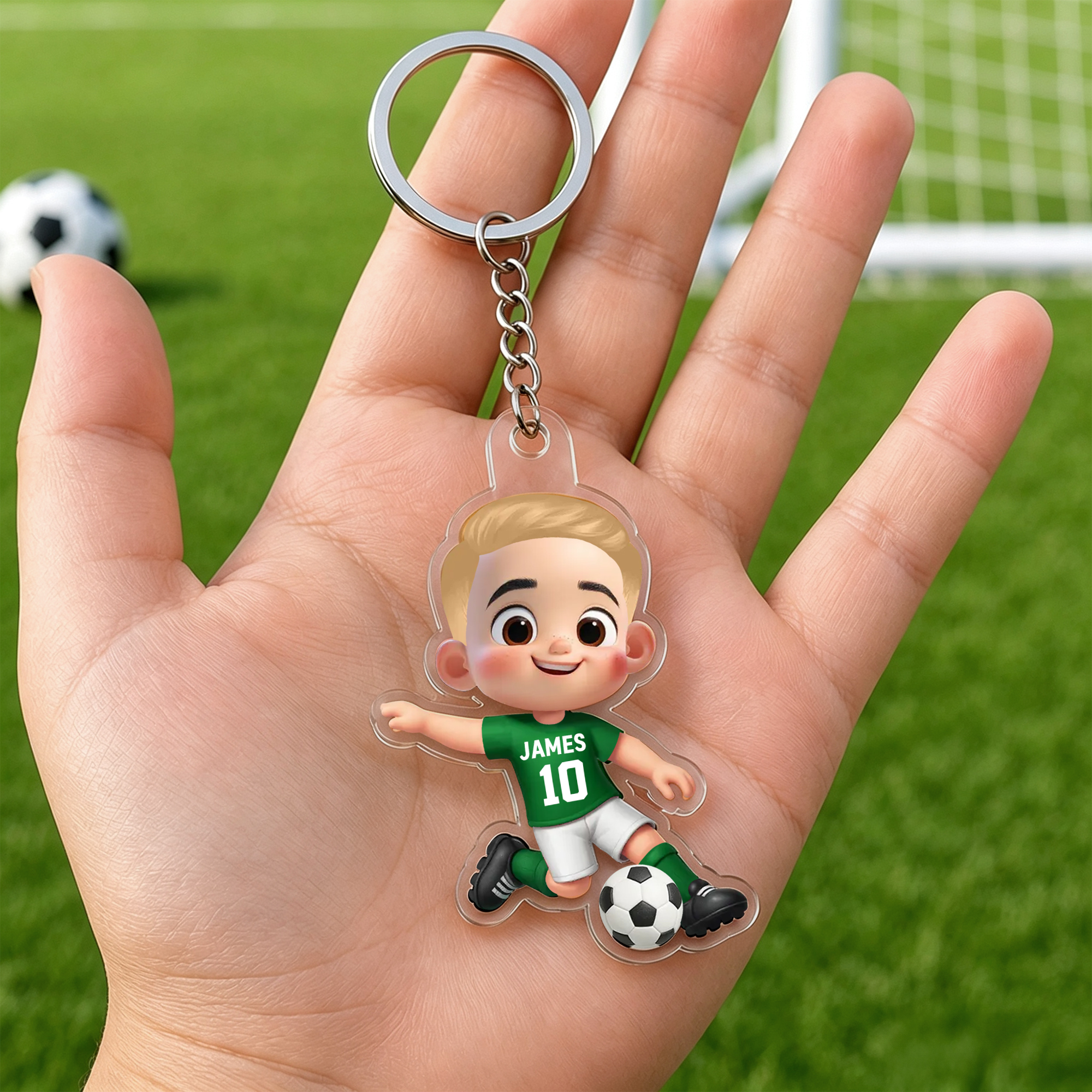 Individuell gestalteter Acryl-Schlüsselanhänger mit Cartoon-Fußballspieler, Namen und Rückennummer – für den täglichen Gebrauch, als Geschenk zum Schulanfang oder zum Geburtstag für Jungen und Mädchen