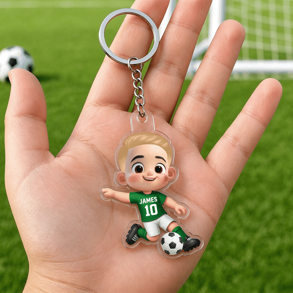 Personalized Cartoon Soccer Player Acrylic Keychain with Name and Number Daily Use Back to School Birthday Gift for Boys Girls