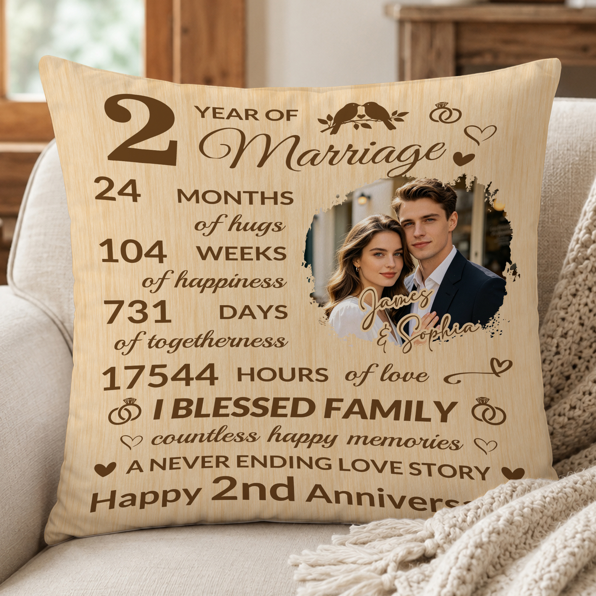Individuell gestalteter Kissenbezug zum Hochzeitstag mit Foto, Namen des Paares und Jubiläumszahl – Wohnaccessoire und Jubiläumsgeschenk für Paare