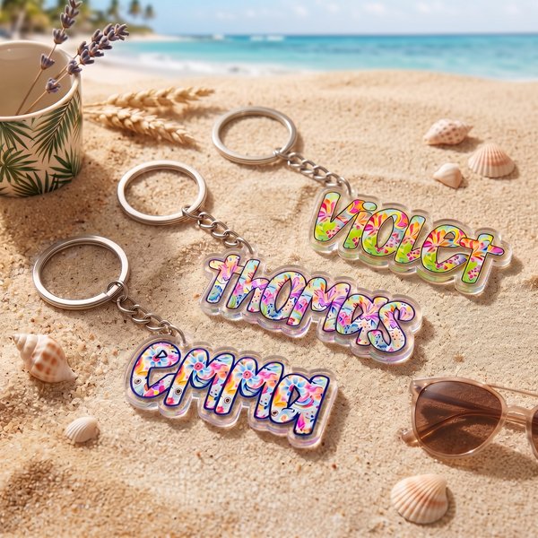 Personalised Artistic Preppy Floral Name Acrylic Keyring Bag Tag Daily Use Beach Party Birthday Gift for Kid Family Friend