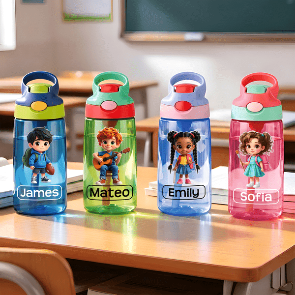Personalized Cartoon Kid Character 16 oz Water Bottle with Name Silicone Straw and Carry Handle Back to school Birthday Gift for Boys Girls
