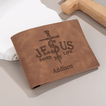 Personalized Jesus Saved My Life Cross PU Leather Men's Wallet with Name Daily Use Baptism Confirmation Gift for Husband Dad