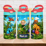 Personalised Dinosaur Cartoon Character 12 oz Kid Water Bottle with Name and Handle Birthday Daily Use Back to School Gift for Boys Girls