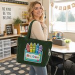 Personalized Pencil Teacher Theme Design Large Capacity Corduroy Tote Bag with Title & Surname Thank You Birthday Gift for Teacher