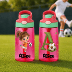 Personalized Cartoon Kid Character 16 oz Straw Water Bottle with Name and Initial Daily Use Back to School Birthday Gift for Kids Soccer Players