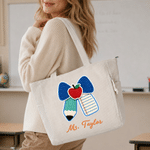 Personalised Imitation Winding Style Bow Teacher Corduroy Tote Bag with Text Daily Use Back to School Birthday Gift for Woman Teacher