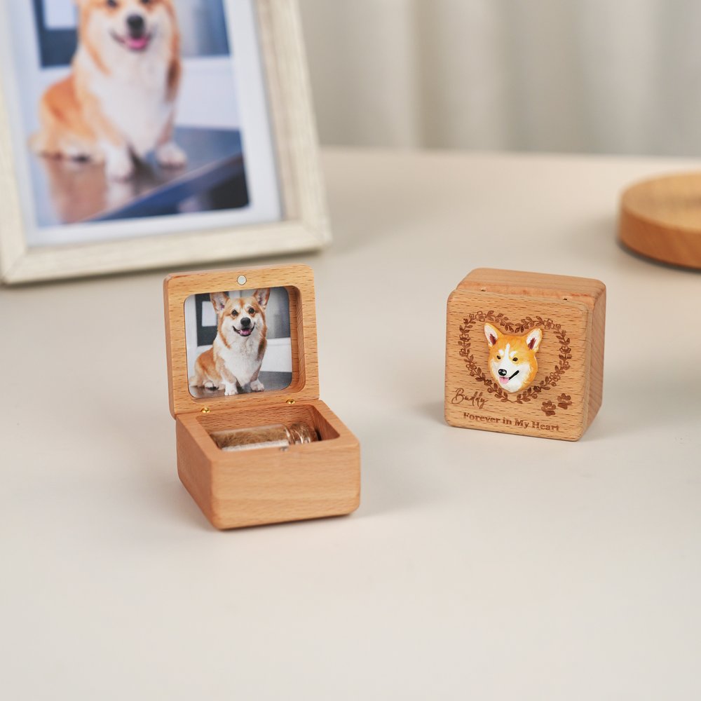 Personalised 3D Cat Dog Avatar Pet Photo Wooden Storage Box with Engraved Name Text and Glass Bottle Memorial Birthday Sympathy Gift for Loss of Pets 3