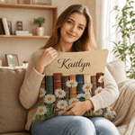 Personlig putetrekk i vintage-stil med fødselsblomst og navn – interiør til hjemmet, til daglig bruk, bursdagsgave til bokelskere og bokormer