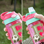 Personalized Cartoon Kid Character 16 oz Straw Water Bottle with Name and Initial Daily Use Back to School Birthday Gift for Kids Soccer Players