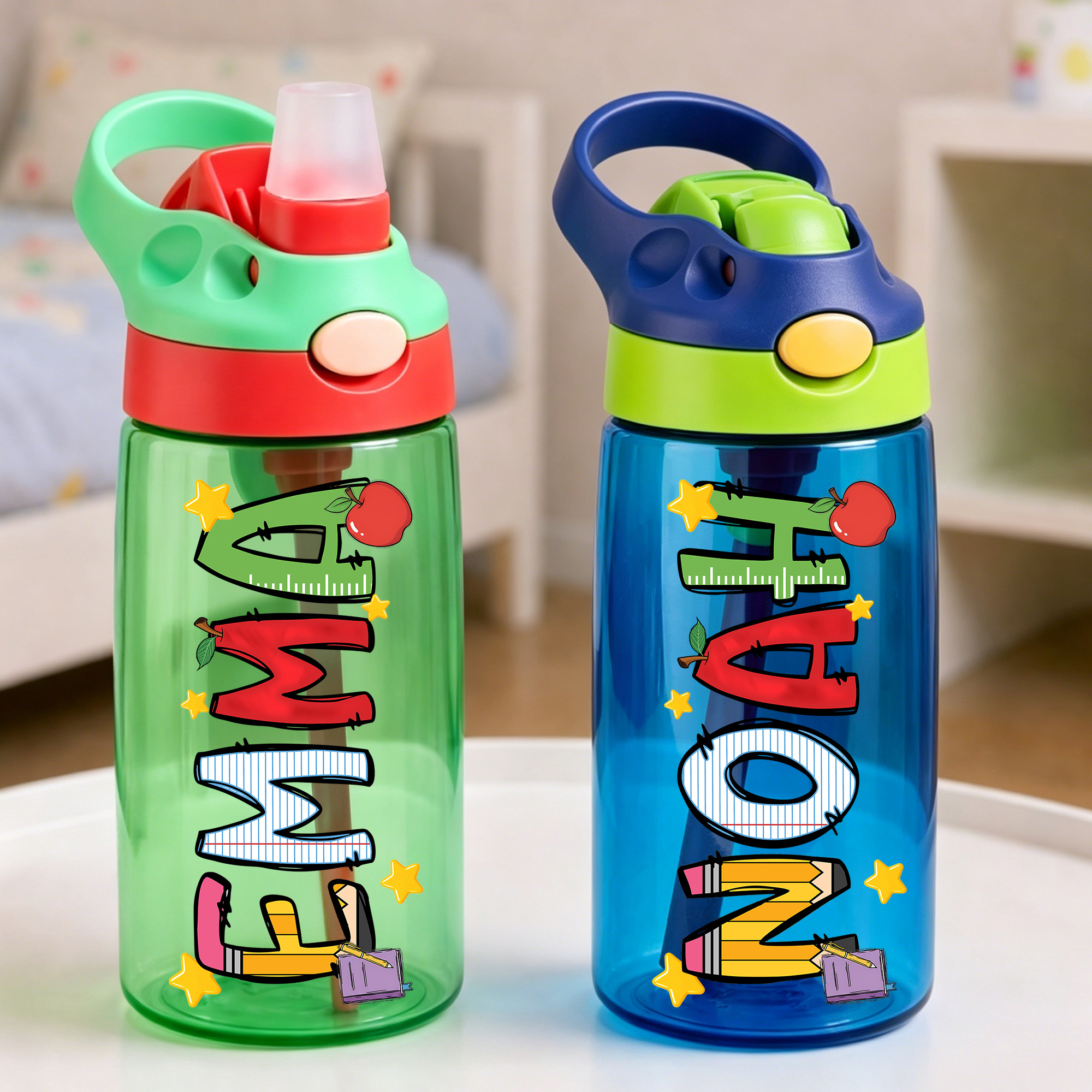 Personalisierte, mehrfarbige Trinkflasche für Kinder (16 oz) mit Apfel-Stern-Motiv und Namensaufdruck – Geschenk zum Schulanfang, zum Kindertag oder zum Geburtstag