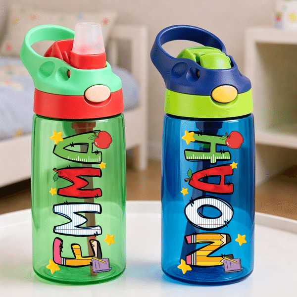 Personalized Multicolor Book Apple Star Pattern 16 oz Kid Water Bottle with Name Back to School Children's Day Birthday Gift for Kids ﻿ ﻿