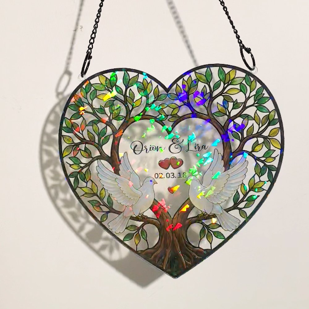 Personalised Love Bird Heart Tree Glittery Transparent Acrylic Ornament with Couple Name and Date Home Decor Anniversary Birthday Gift for Couple 3