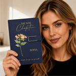 Personalized The New Chapter Birth Flower A5 PU Leather Notebook with Name and Text Retirement Birthday Gift for Retiree Bookworm
