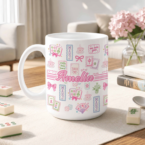 Personalised Sweet Bow Mahjong Design 11 oz 15 oz Ceramic Mug with Name Birthday Mahjong Club Gift for Mahjong Lover