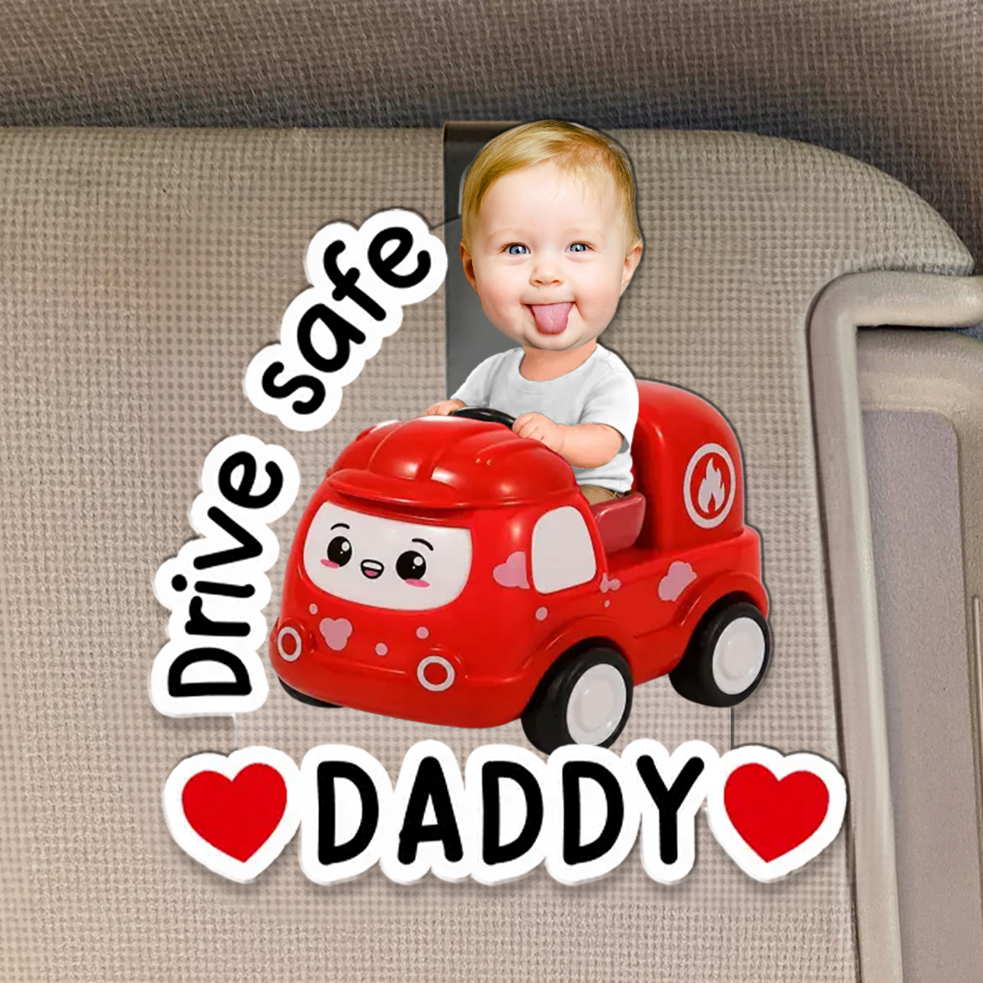 Personalisierter Cartoon-Mini-Truck „Drive Safe“ mit Babygesicht – Foto-Acryl-Sonnenblendenclip als Autodekoration, Geburtstags- oder Vatertagsgeschenk für Papa oder Opa