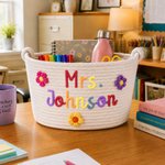 Personalized Rainbow Flower Cotton Woven Storage Basket with Text Teachers' Day Back to School Appreciation Gift for Teachers