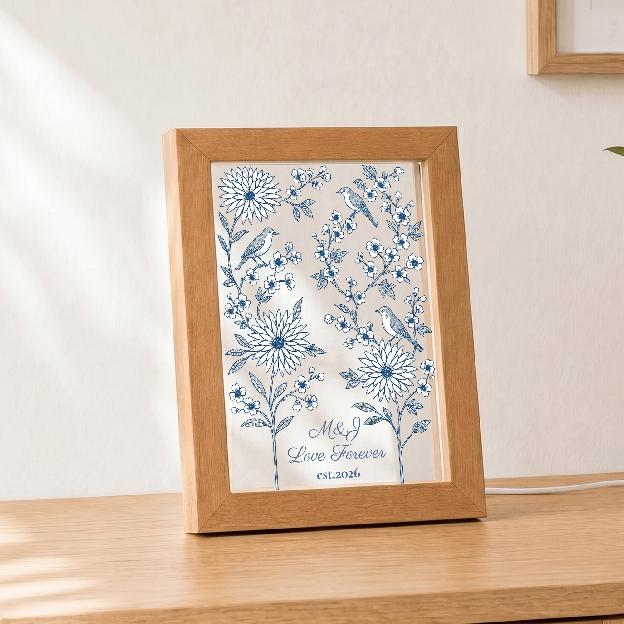Individuell gestaltetes LED-Nachtlicht aus Acryl mit botanischem Blumenmotiv und Spatz, mit Text und Jahreszahl – Wohnaccessoire, Geschenk zum Geburtstag, zur Hochzeit oder zum Hochzeitstag für Paare