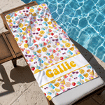 Personalised Cute Ice Cream Sun Crab Cloud Pattern Quick Dry Oversized Beach Towel with Name Beach Party Birthday Gift for Kids Friends Family