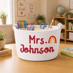 Personalized Rainbow Flower Cotton Woven Storage Basket with Text Teachers' Day Back to School Appreciation Gift for Teachers