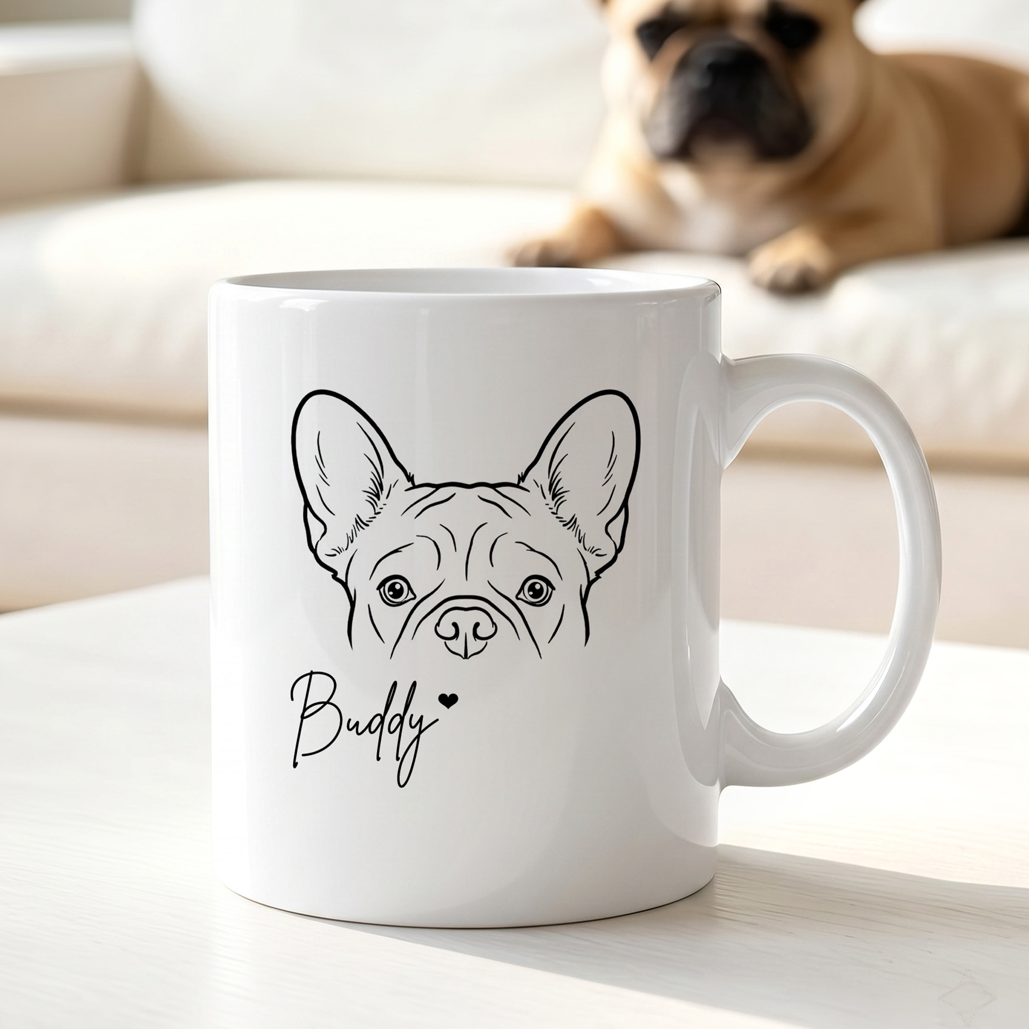 Personalisierte, minimalistische Keramiktasse mit Tierporträt im Herz-Design und Namen – für den täglichen Gebrauch, fürs Büro, als Geburtstagsgeschenk für Tierhalter und Tierliebhaber